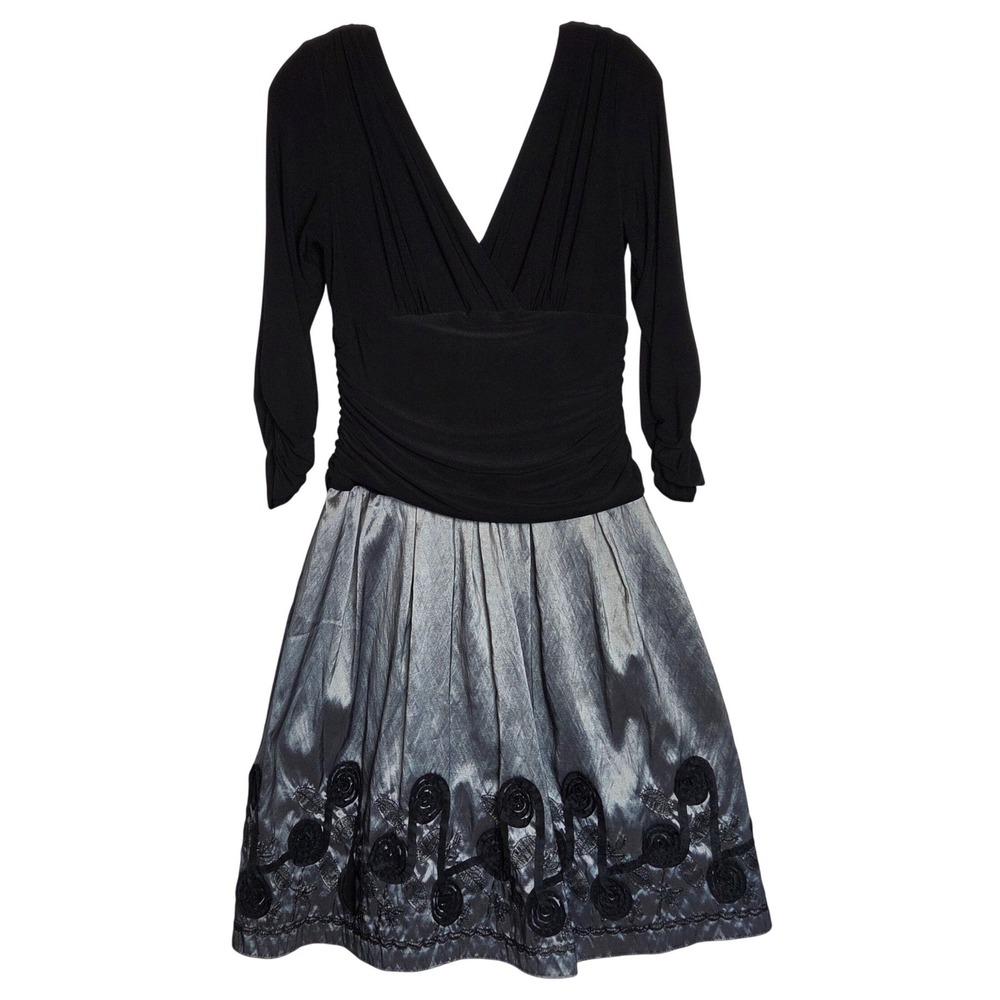 Whimsigoth Black Silver V-Neck Ruched Cocktail Dress Y2K Prom Dark Coquette
